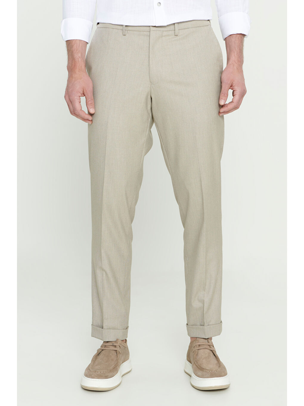 Erkek Kahverengi Comfort Fit Rahat Kesim Yan Cepli Desenli Beli Lastikli Pantolon