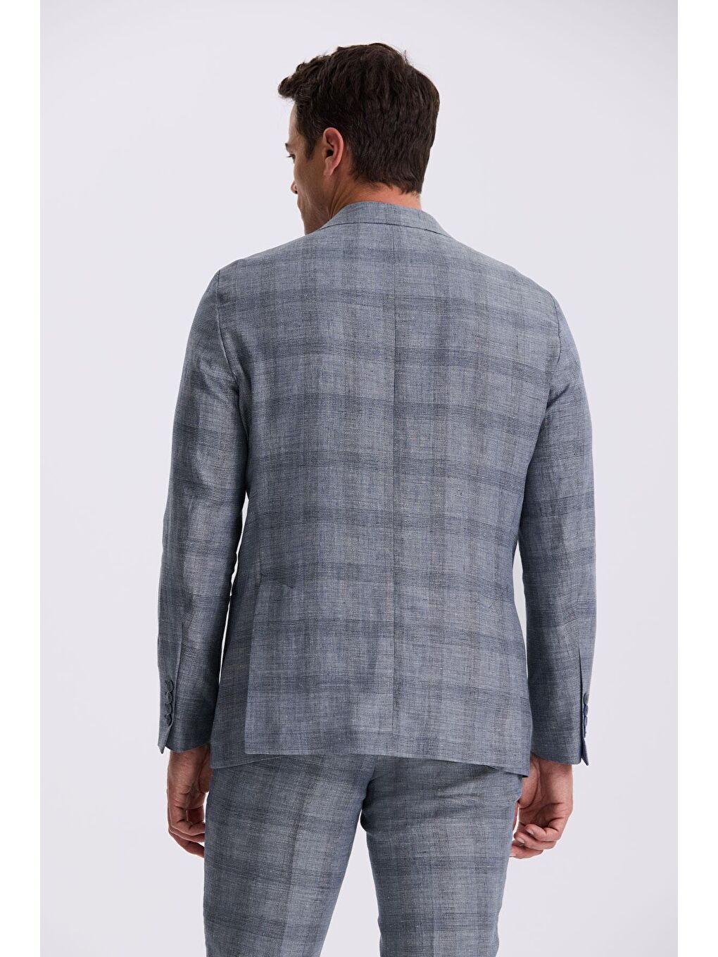 Lacivert Slim Fit Mono Yaka Kareli Torba Cepli %100 Keten Takım Elbise-3