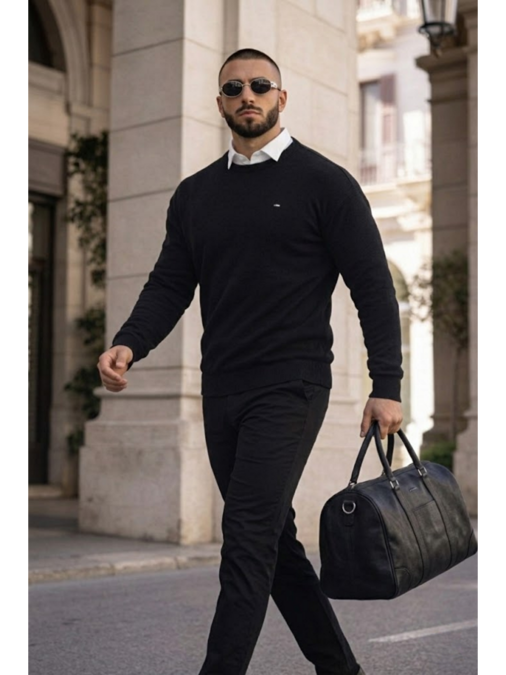 Erkek Trend Comfort Bisiklet Yaka Siyah Triko Kazak-2