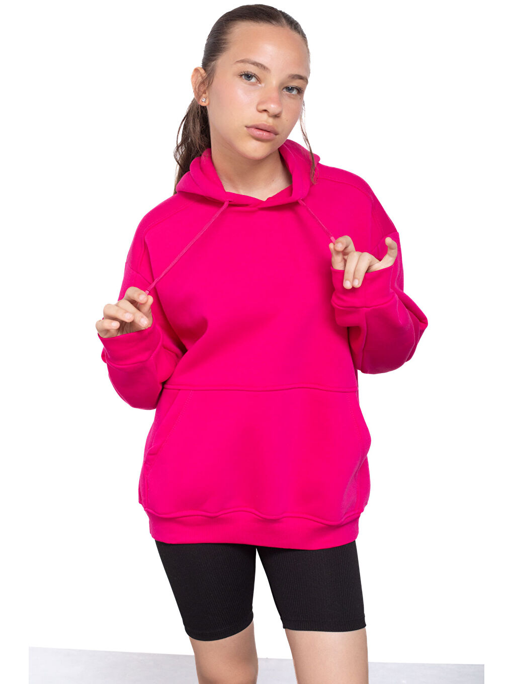 Fuşya Kanguru Cepli Basic Şardonlu Kız Çocuk Kapüşonlu Sweatshirt 21206-3