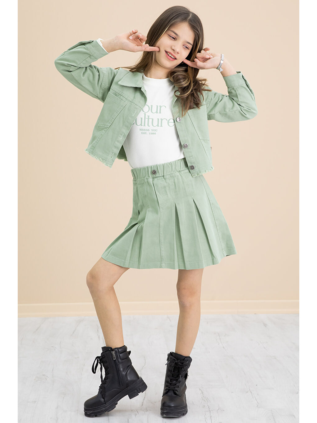 Yeşil Püsküllü Jean Ceketli Kız Çocuk 3'lü Etekli Takım 20176