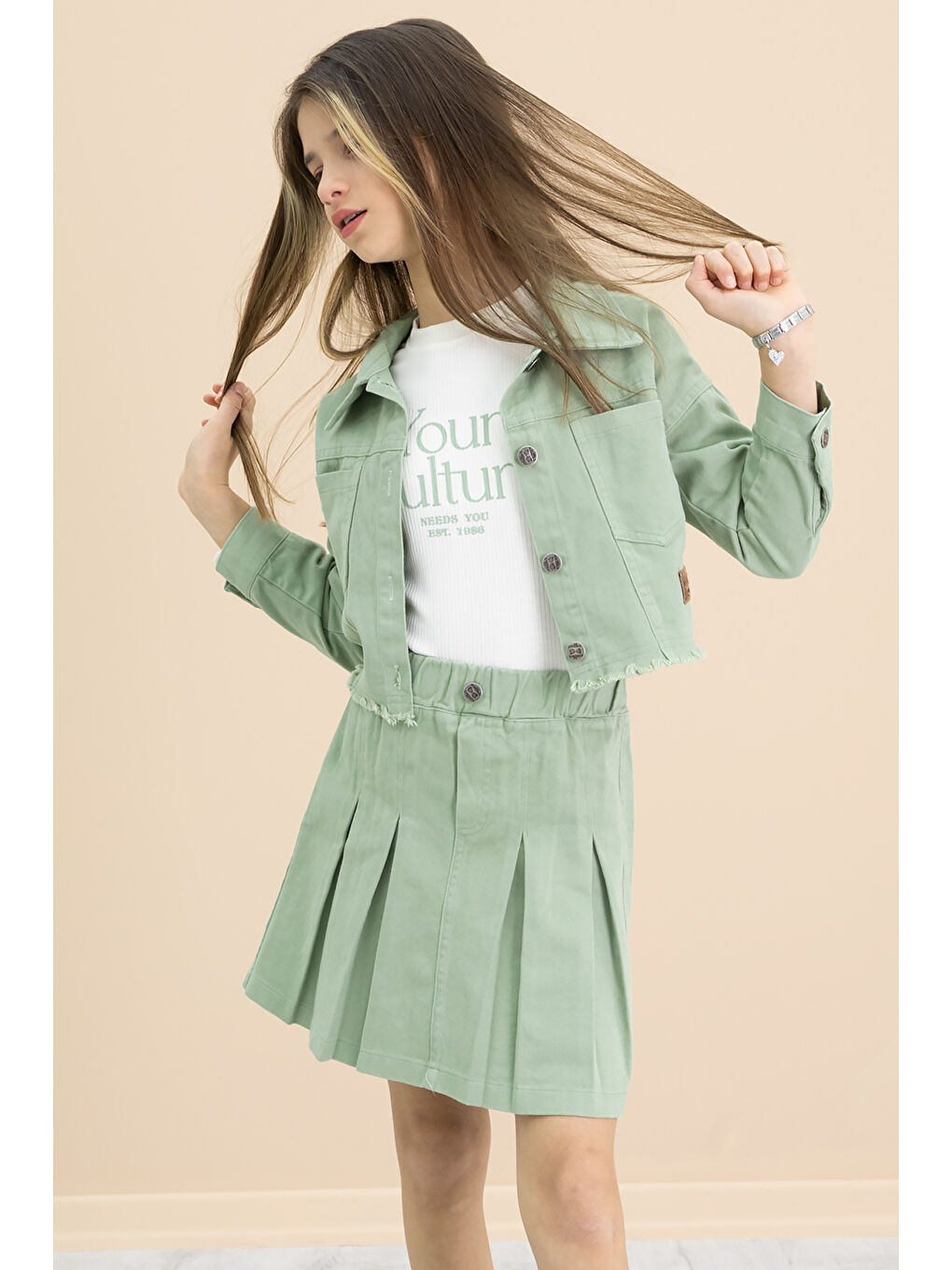 Yeşil Püsküllü Jean Ceketli Kız Çocuk 3'lü Etekli Takım 20176-1