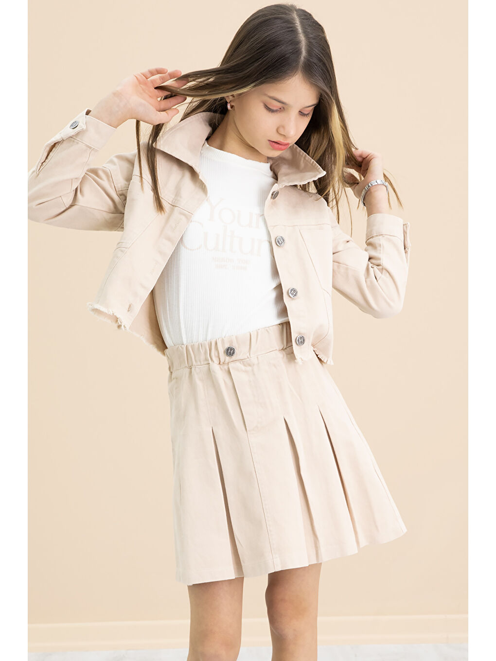 Ekru Krem Püsküllü Jean Ceketli Kız Çocuk 3'lü Etekli Takım 20178-1