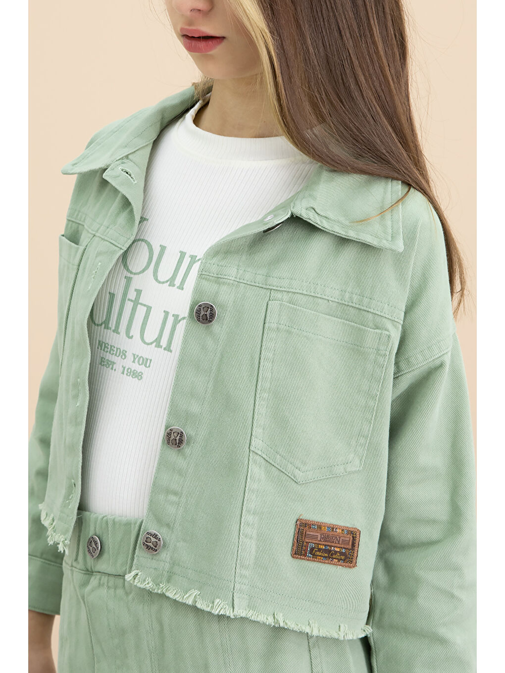 Yeşil Püsküllü Jean Ceketli Kız Çocuk 3'lü Etekli Takım 20176-2