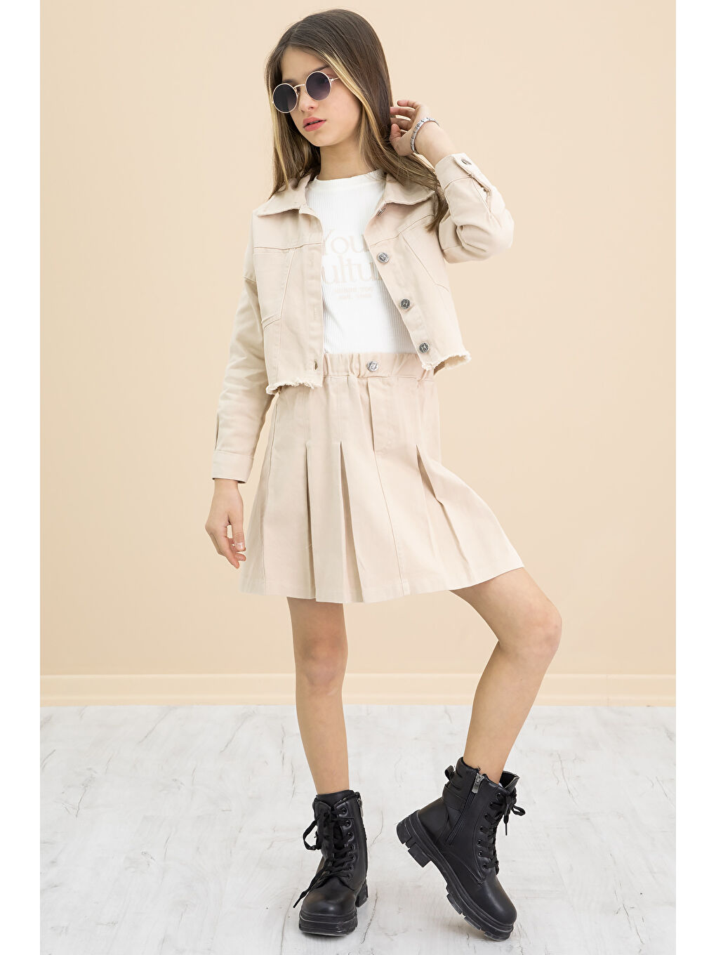 Ekru Krem Püsküllü Jean Ceketli Kız Çocuk 3'lü Etekli Takım 20178