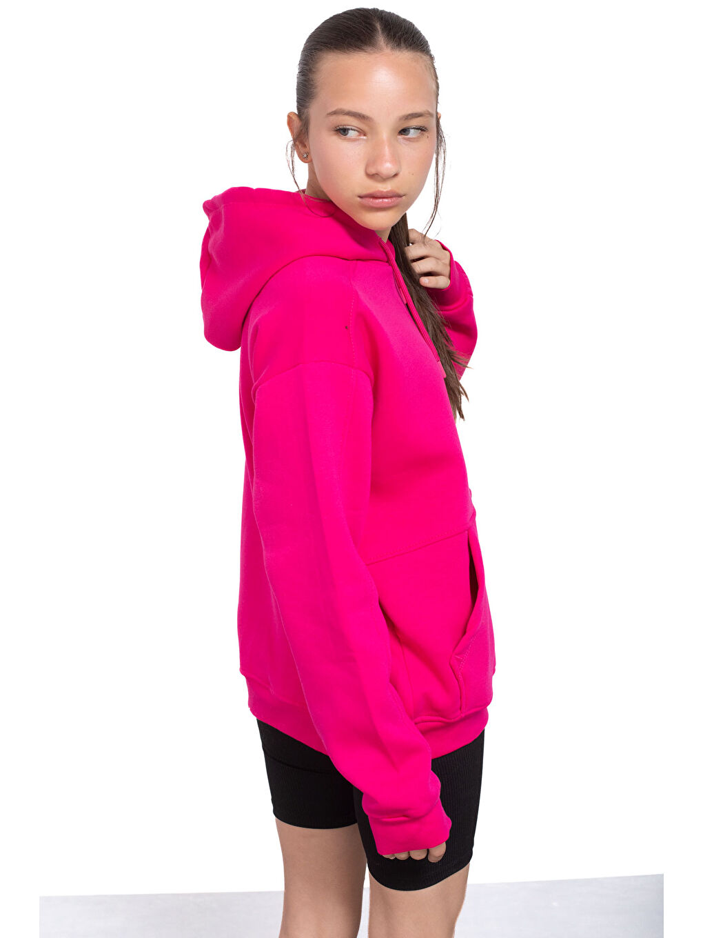 Fuşya Kanguru Cepli Basic Şardonlu Kız Çocuk Kapüşonlu Sweatshirt 21206-4