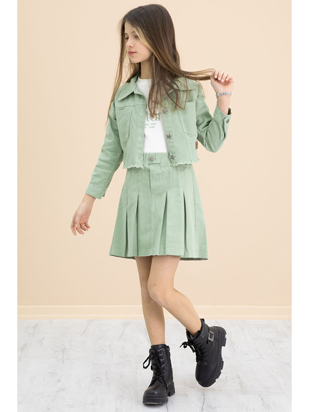 Yeşil Püsküllü Jean Ceketli Kız Çocuk 3'lü Etekli Takım 20176-3