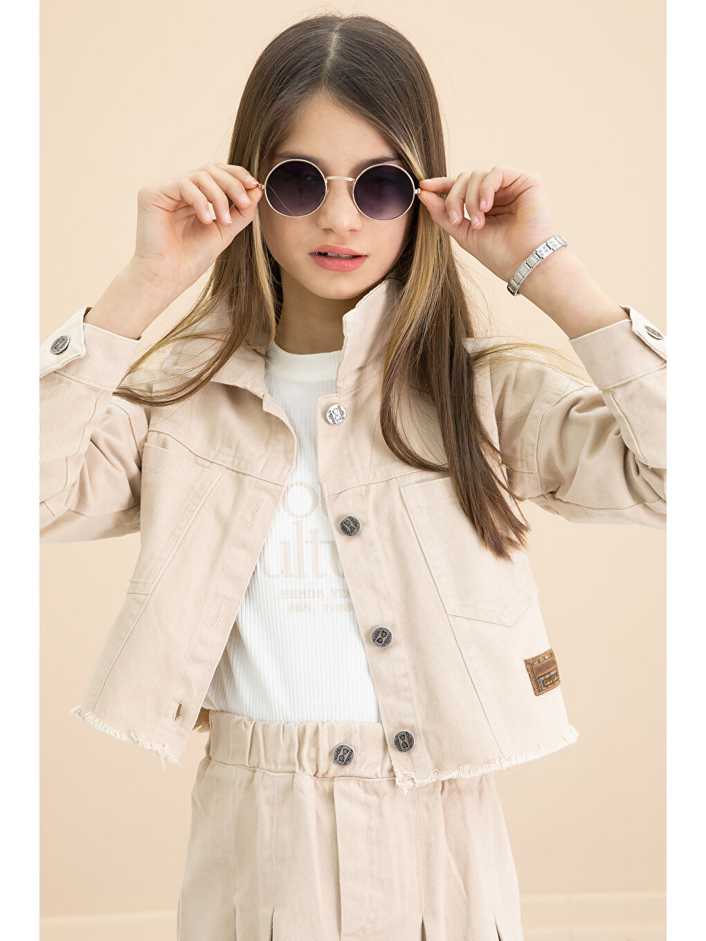 Ekru Krem Püsküllü Jean Ceketli Kız Çocuk 3'lü Etekli Takım 20178-2