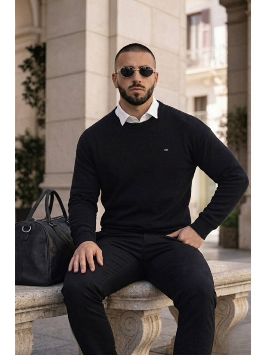 Erkek Trend Comfort Bisiklet Yaka Siyah Triko Kazak-3