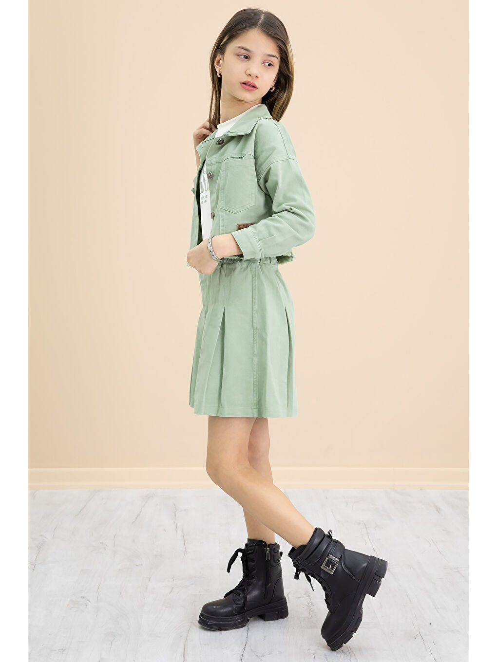 Yeşil Püsküllü Jean Ceketli Kız Çocuk 3'lü Etekli Takım 20176-4