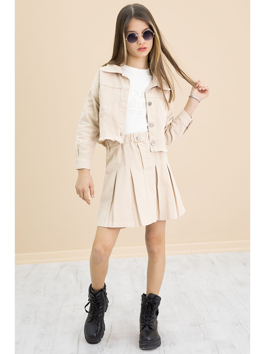 Ekru Krem Püsküllü Jean Ceketli Kız Çocuk 3'lü Etekli Takım 20178-3