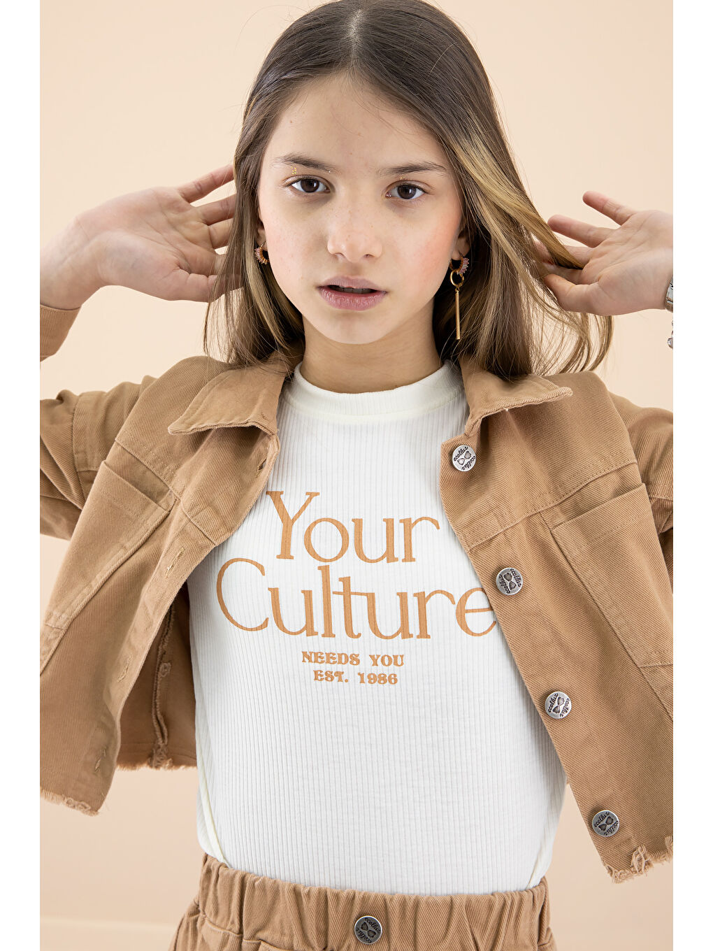 Kahverengi Kahve Püsküllü Jean Ceketli Kız Çocuk 3'lü Etekli Takım 20177-2