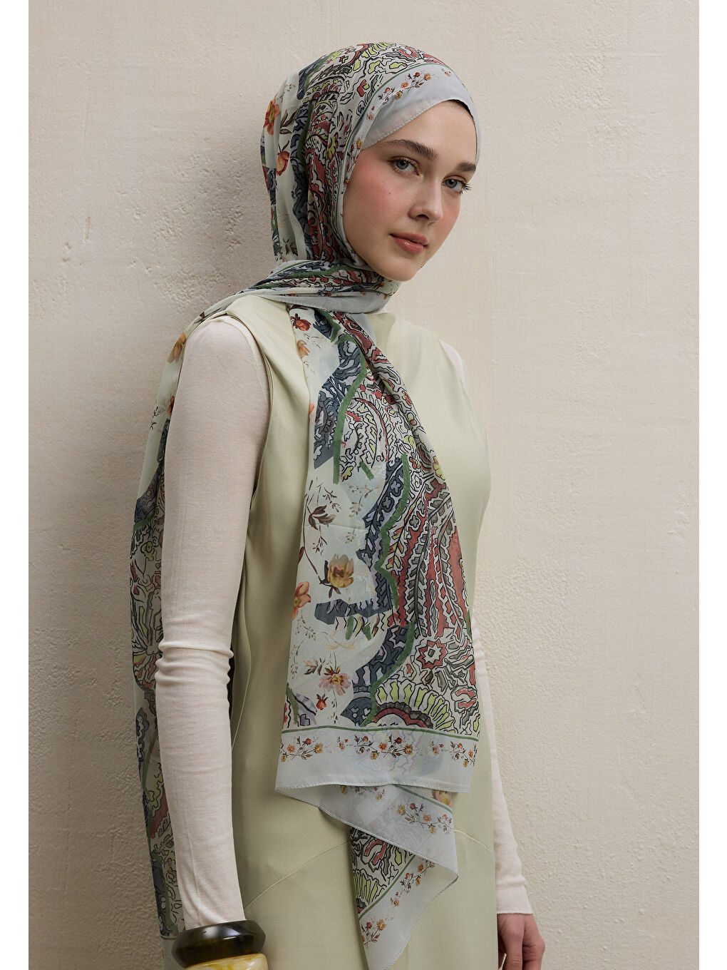 Alıza Desen İpek Krep Şal Soft Yeşil-1