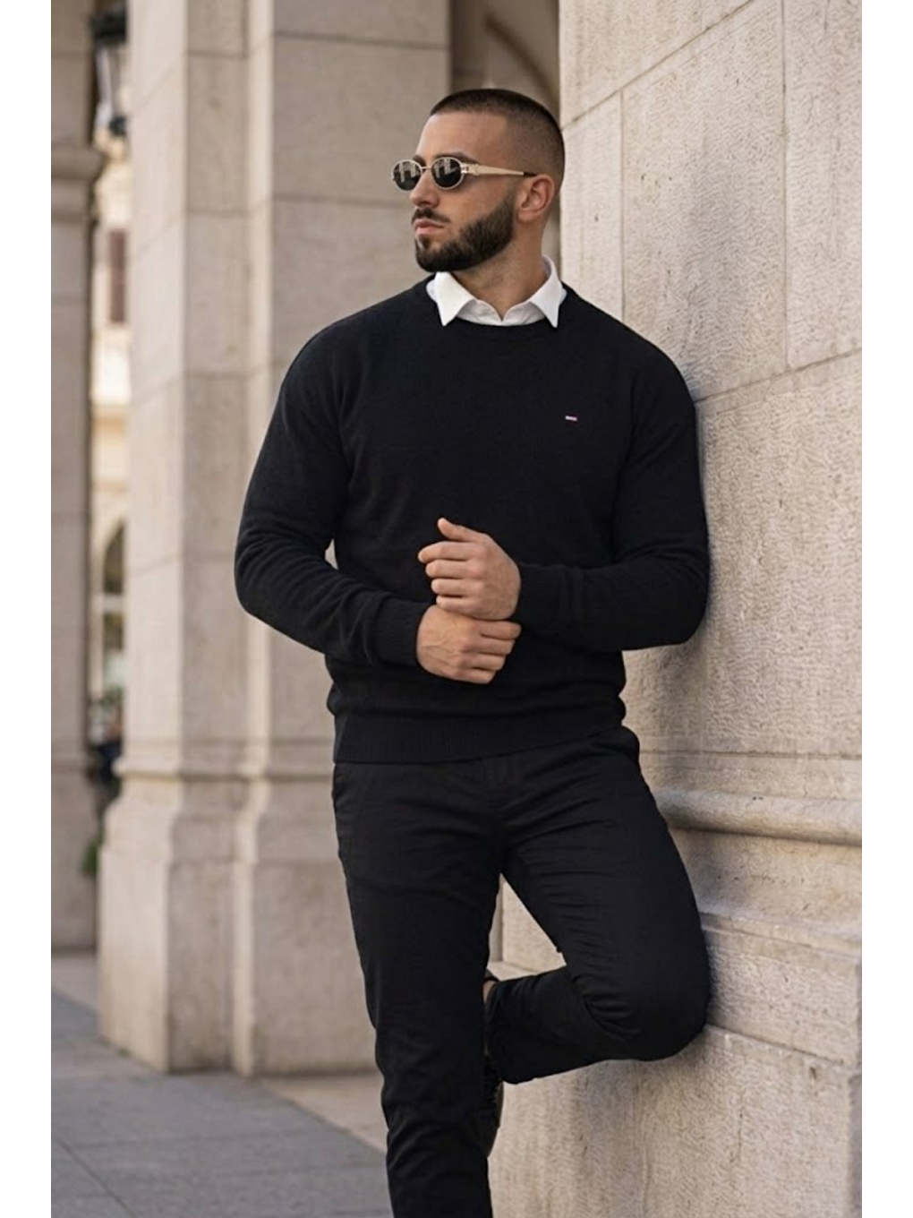 Erkek Trend Comfort Bisiklet Yaka Siyah Triko Kazak-5