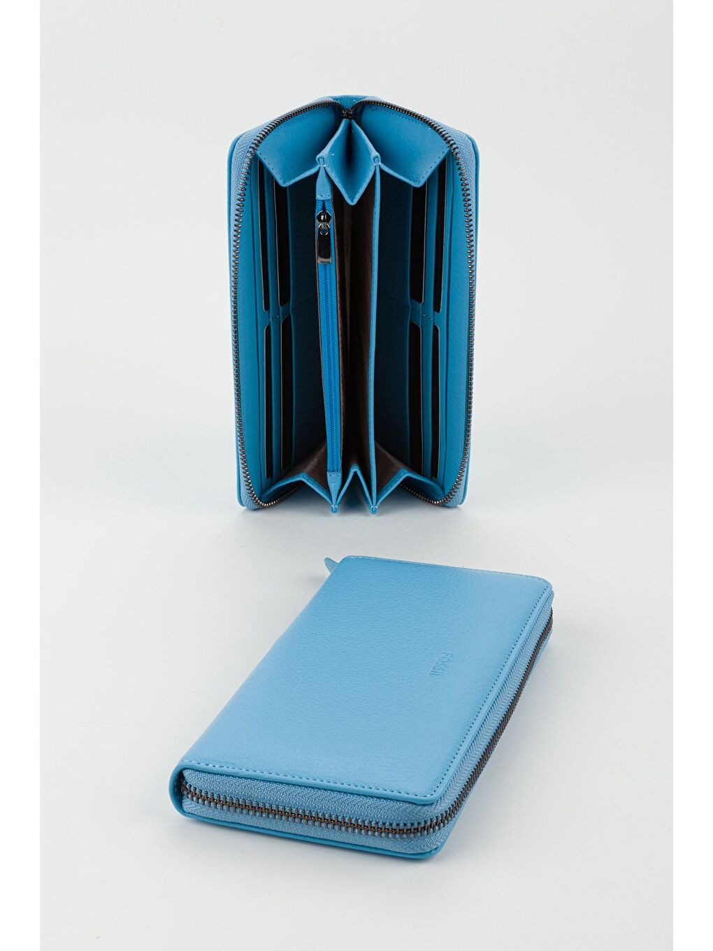 Mavi Kutulu Hakiki Deri Su Yeşili Fermuarlı Büyük Boy Kadın El Portföyü Kartlık Cüzdan-1
