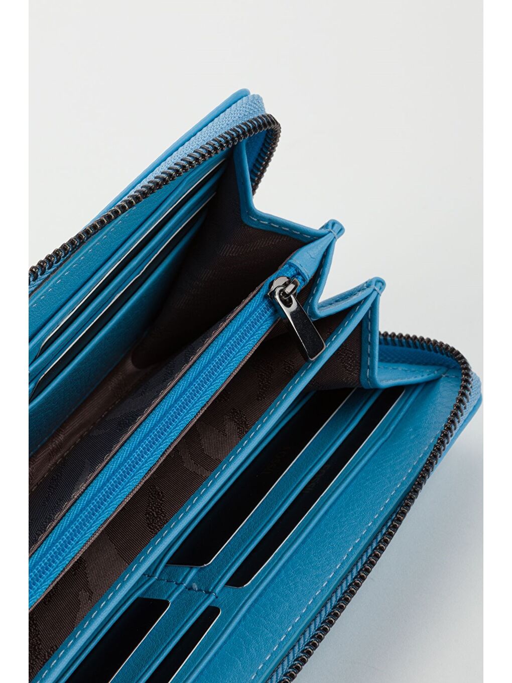 Mavi Kutulu Hakiki Deri Su Yeşili Fermuarlı Büyük Boy Kadın El Portföyü Kartlık Cüzdan-3