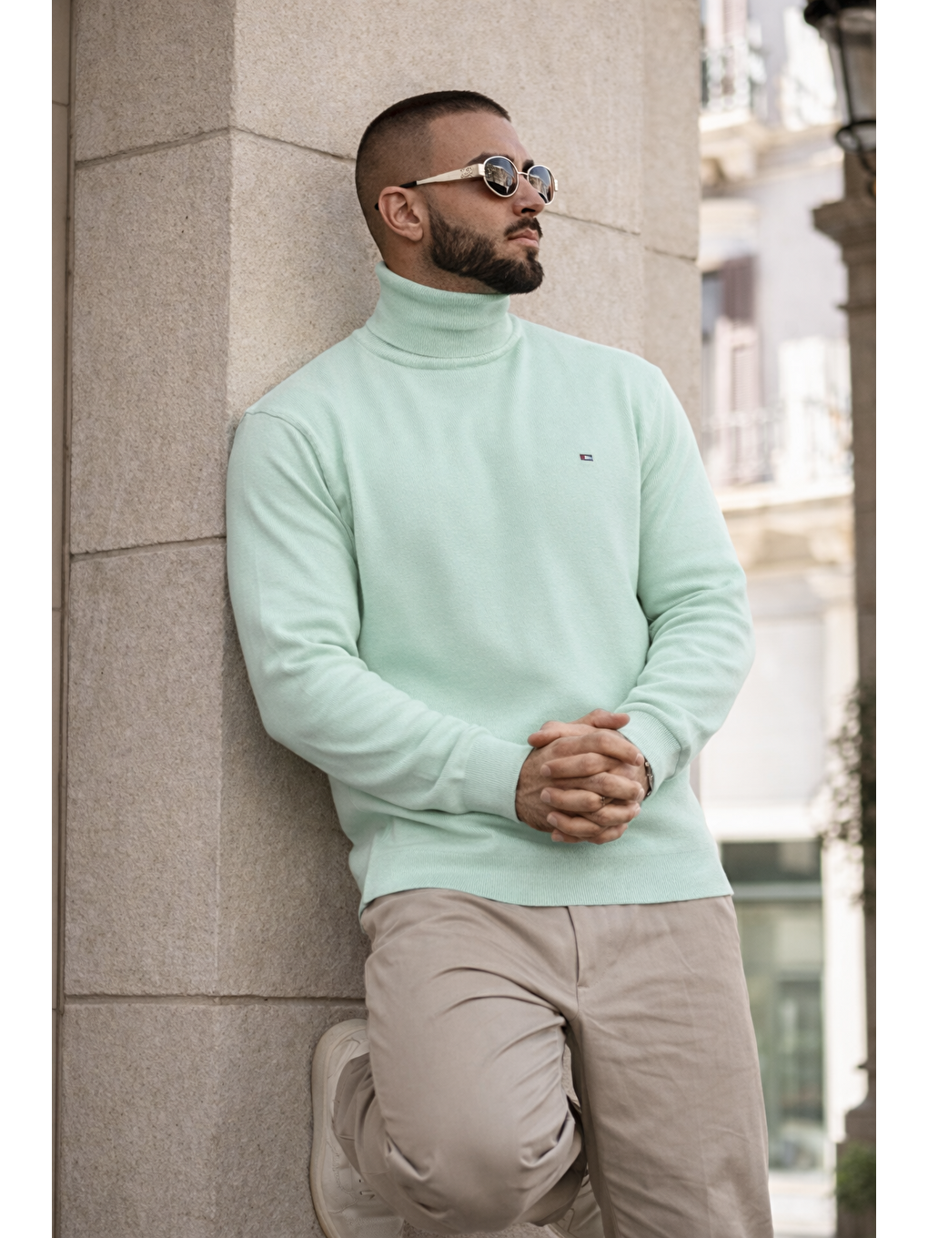 Yeşil Erkek Günlük Premium Comfort Boğazlı Mint Triko Kazak-5