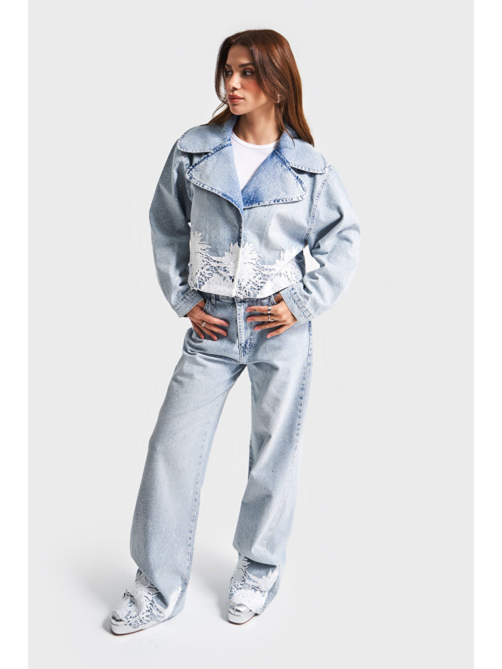 It's Basic Mavi Kadın Jean Rengi 4S5 3 Dantelli Kruvaze  100 Pamuk Tasarım Denim Ceket - 2