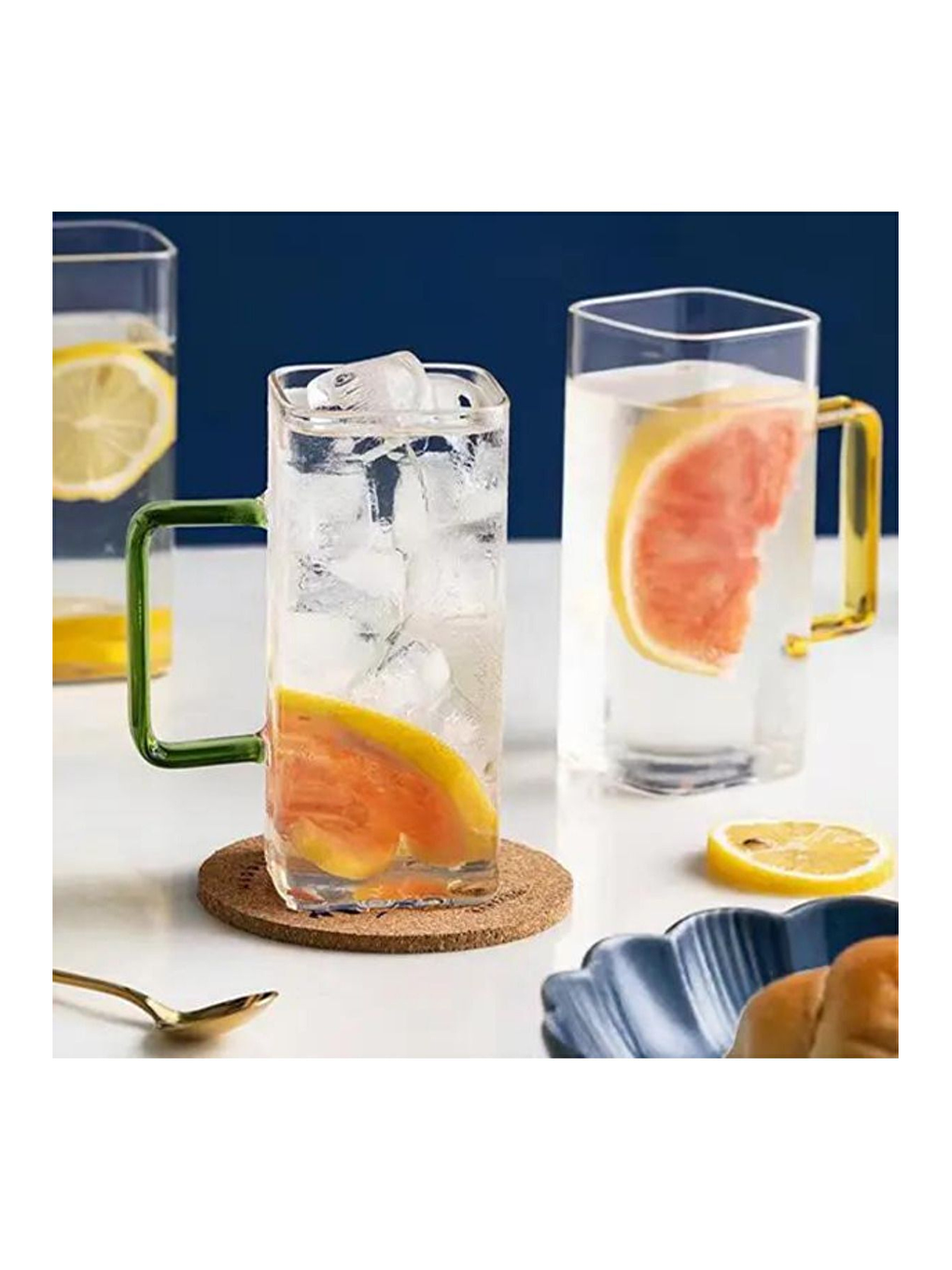 Renksiz Kare Cam Sarı Kulplu Bardak 350 ml 4 Adet-2