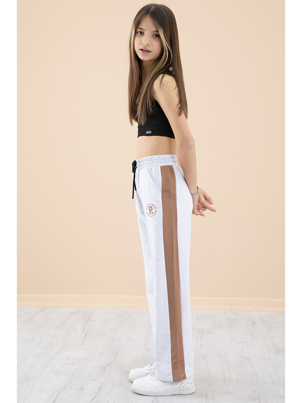 Gri Garnili Geniş Paça Kız Çocuk Beli Lastikli Eşofman Altı 20195-2