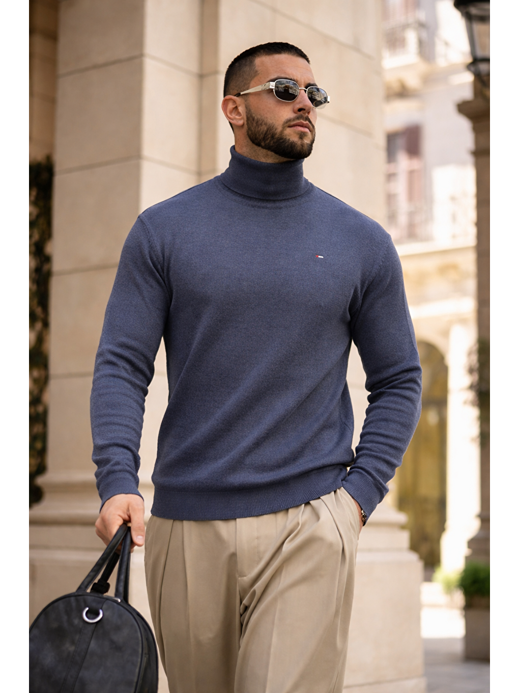 Erkek Günlük Premium Comfort Boğazlı İndigo Triko Kazak