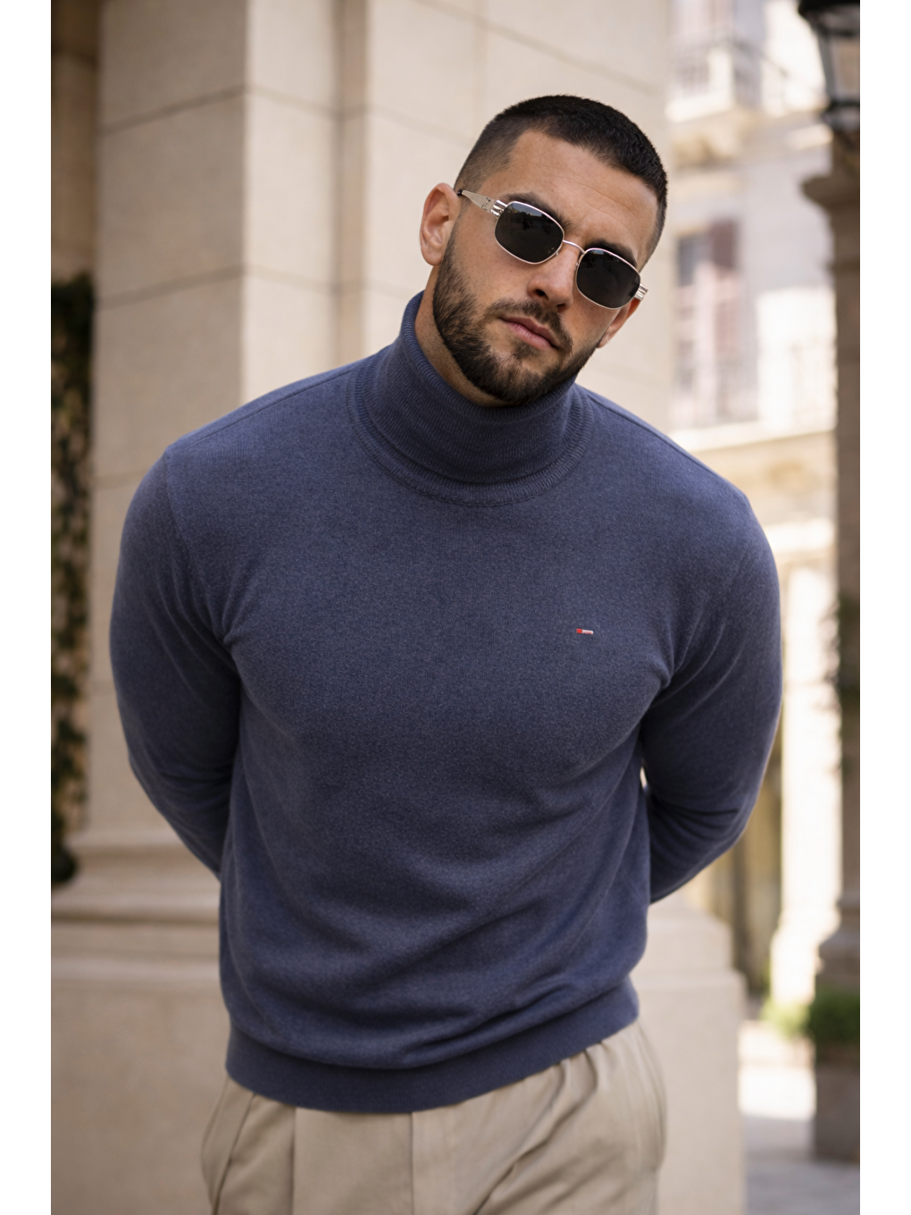 Erkek Günlük Premium Comfort Boğazlı İndigo Triko Kazak-1