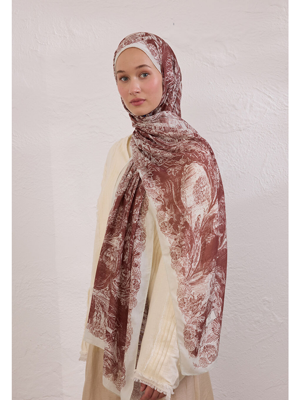 Kahverengi Secret Elegance Desen Rami Şal Ağaç Kabuğu-1