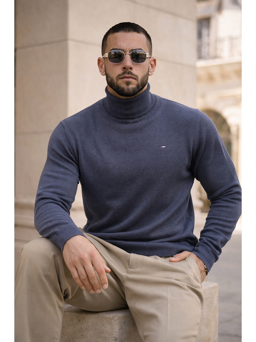 Erkek Günlük Premium Comfort Boğazlı İndigo Triko Kazak-3