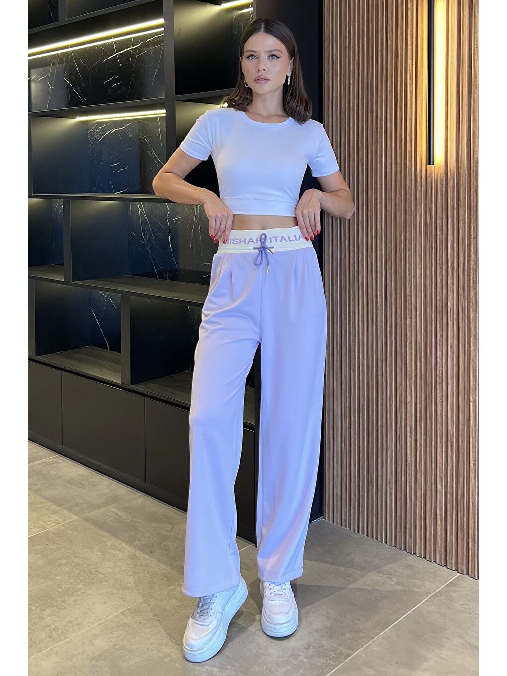 Lila Bel Lastikli Yüksek Bel Yazı Baskılı Kadın Palazzo Pantolon-1