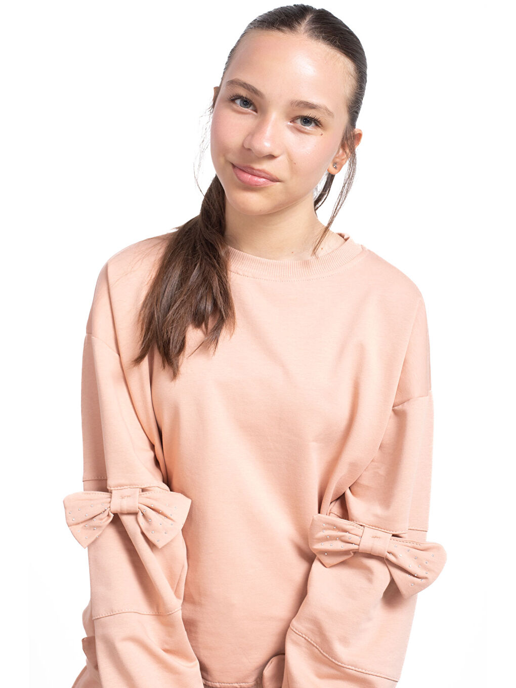 Bej Yırtmaçlı Paça Fiyonk Detaylı Kız Çocuk 2li Eşofman Takımı 21214-1