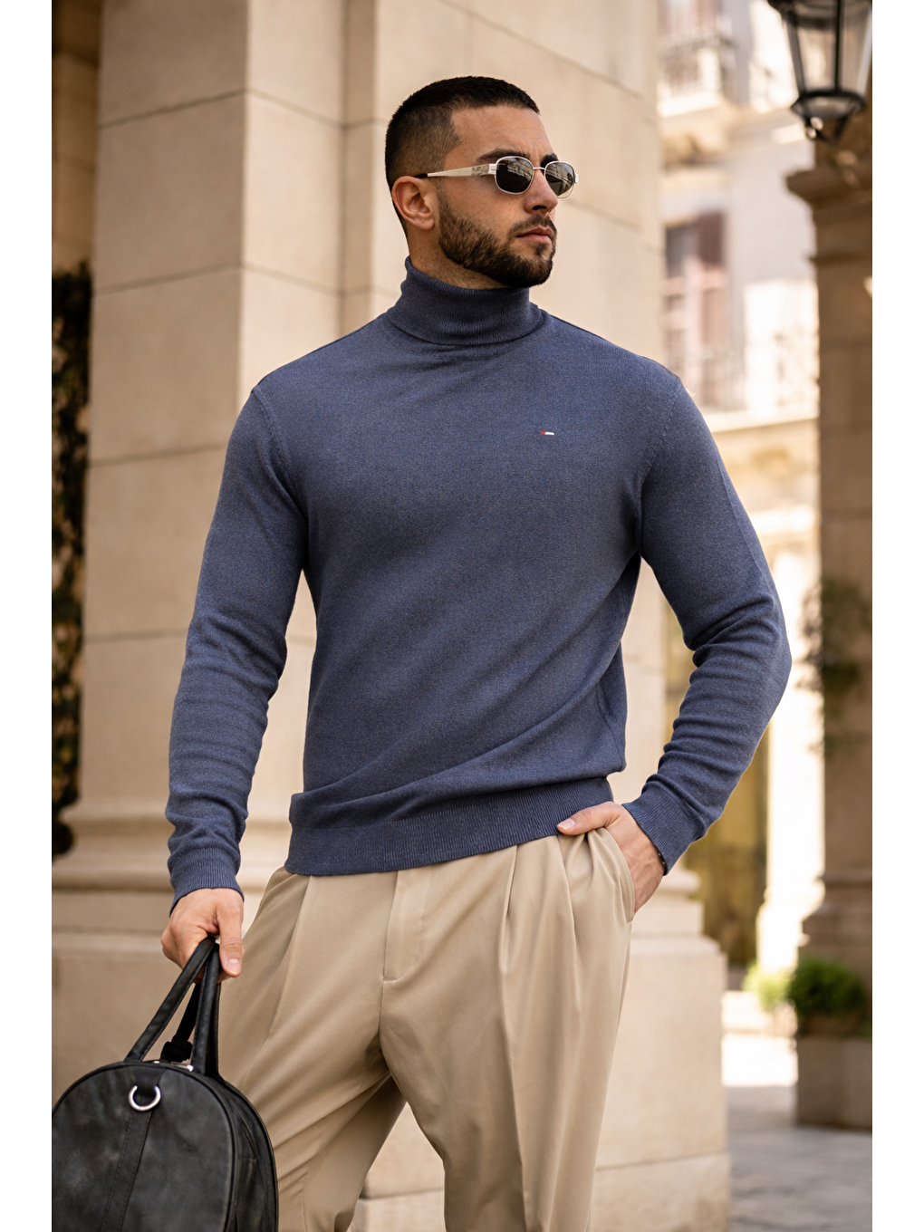 Erkek Günlük Premium Comfort Boğazlı İndigo Triko Kazak-4