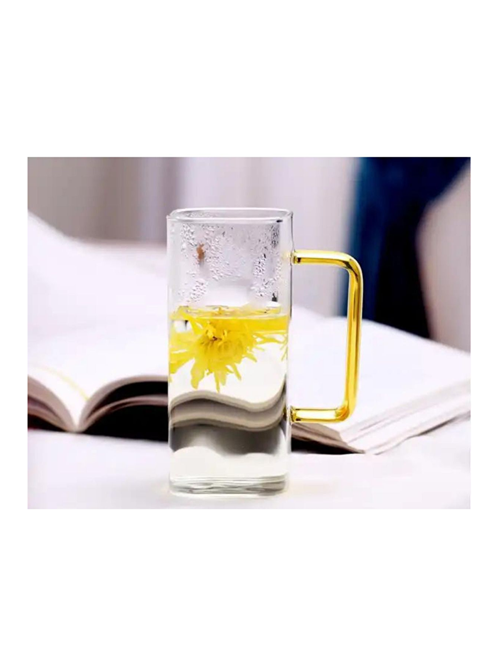 Renksiz Kare Cam Sarı Kulplu Bardak 350 ml 4 Adet-3