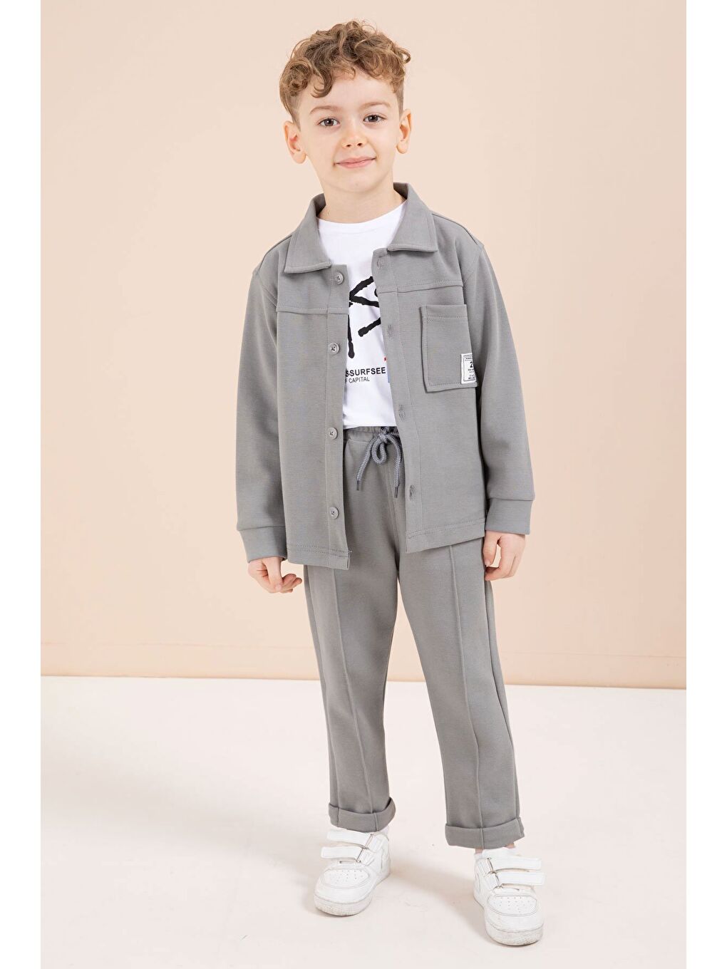 Gri Arma Detaylı Gömlekli Duble Paça Pantolonlu Erkek Çocuk 3lü Takım 23621-2