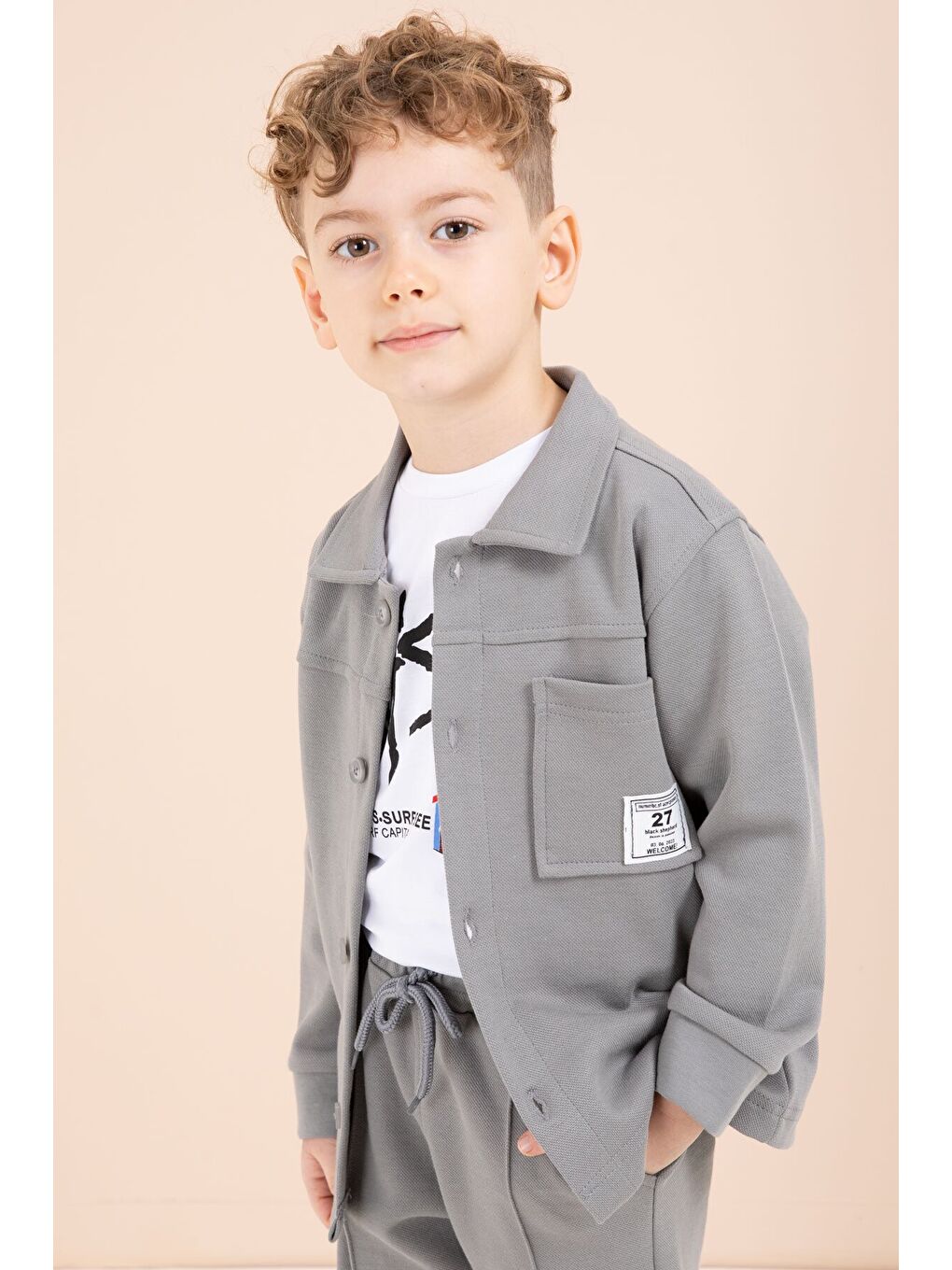 Gri Arma Detaylı Gömlekli Duble Paça Pantolonlu Erkek Çocuk 3lü Takım 23621-3
