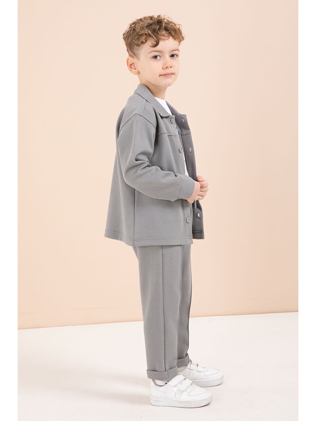 Gri Arma Detaylı Gömlekli Duble Paça Pantolonlu Erkek Çocuk 3lü Takım 23621-4