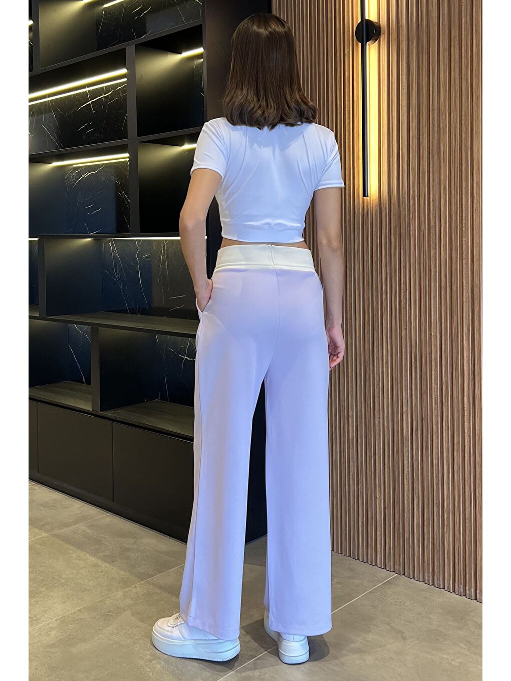 Lila Bel Lastikli Yüksek Bel Yazı Baskılı Kadın Palazzo Pantolon-2