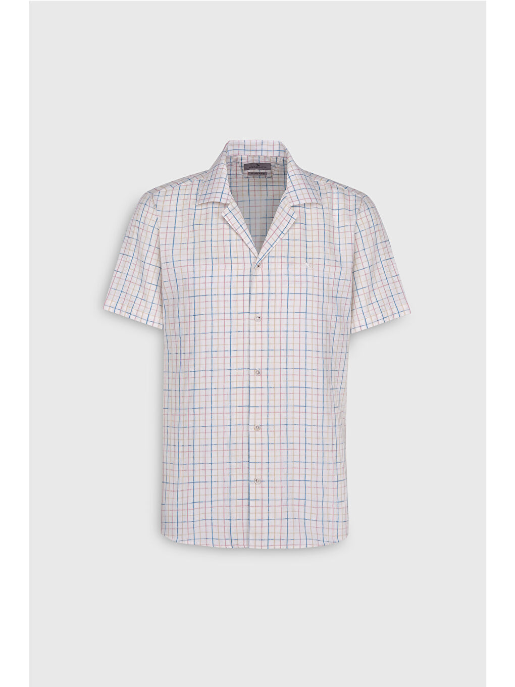 Erkek Ekru-Mavi Slim Fit Dar Kesim %100 Pamuk Kuba Yaka Çizgili Gömlek