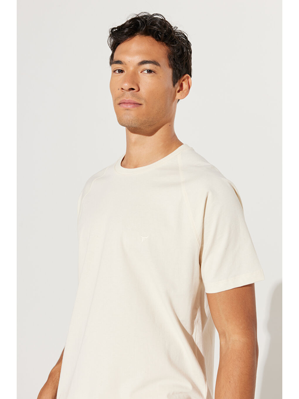 Erkek Ekru Long Fit Bisiklet Yaka %100 Pamuk Kısa Kollu Tişört-2
