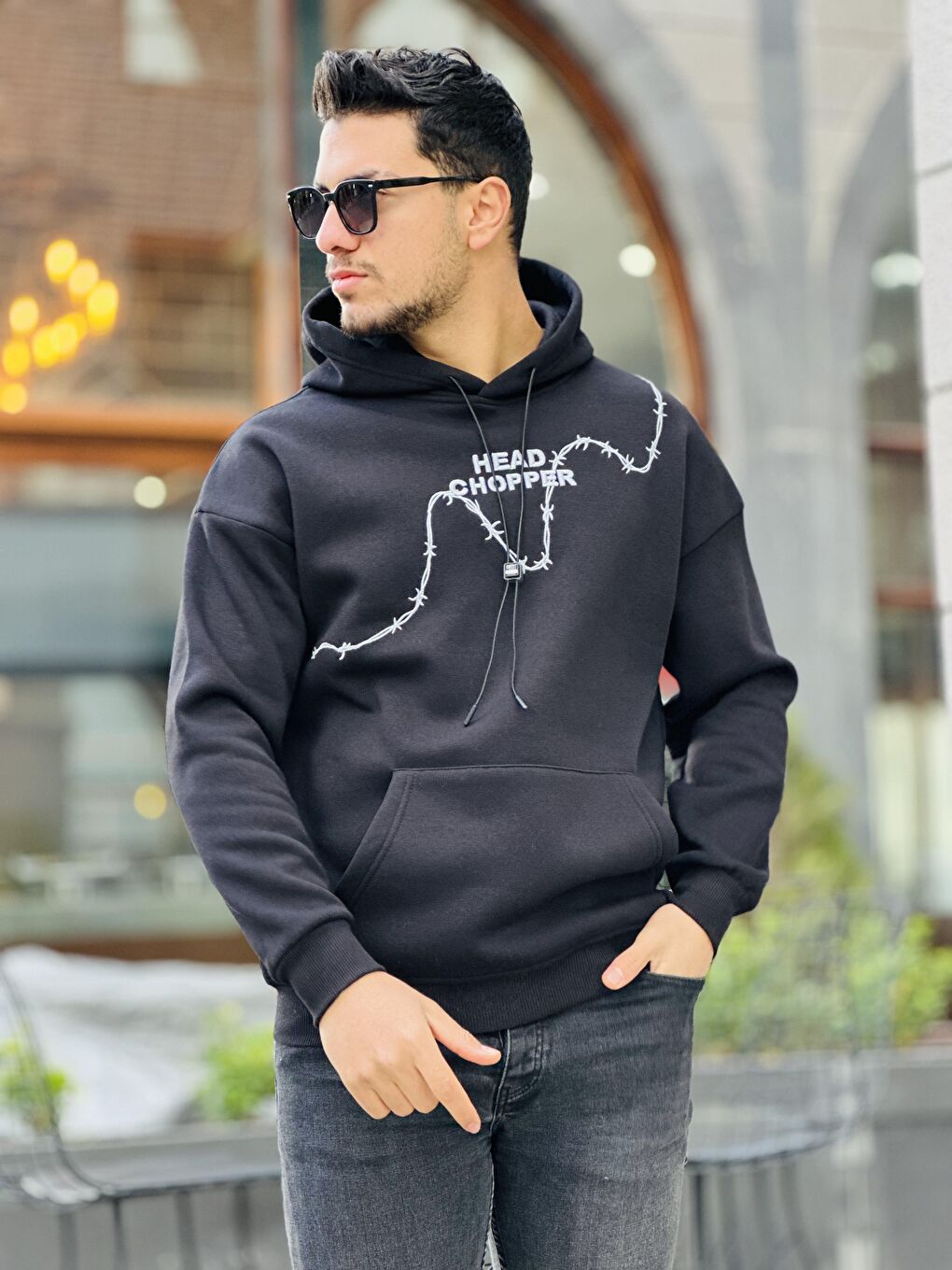 Miron Siyah Üç İplik Head Chopper Nakışlı Oversize Kapüşonlu Sweatshirt