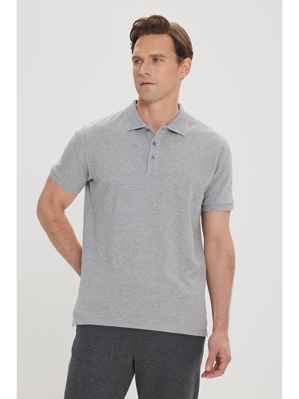 Erkek Gri Melanj Slim Fit Dar Kesim Polo Yaka %100 Pamuk Kısa Kollu Tişört-2