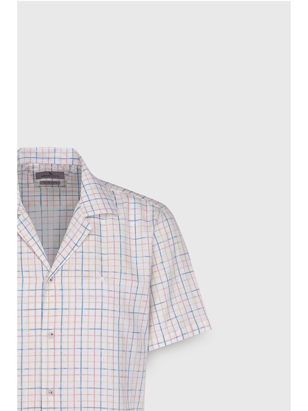 Erkek Ekru-Mavi Slim Fit Dar Kesim %100 Pamuk Kuba Yaka Çizgili Gömlek-2