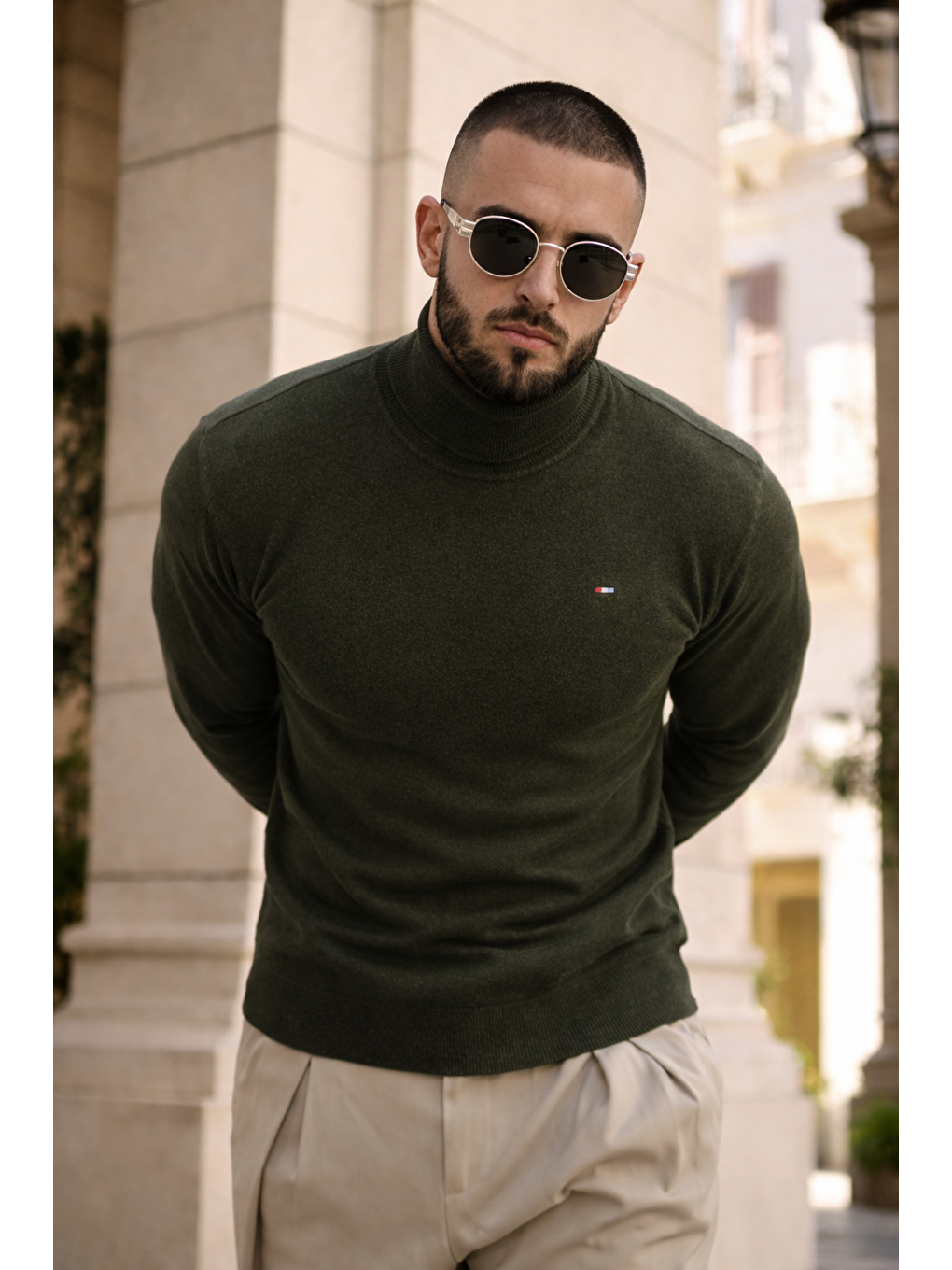 Erkek Günlük Premium Comfort Boğazlı Haki Triko Kazak-1