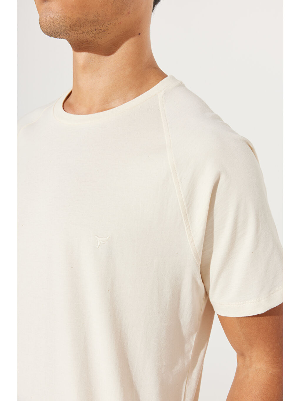 Erkek Ekru Long Fit Bisiklet Yaka %100 Pamuk Kısa Kollu Tişört-3
