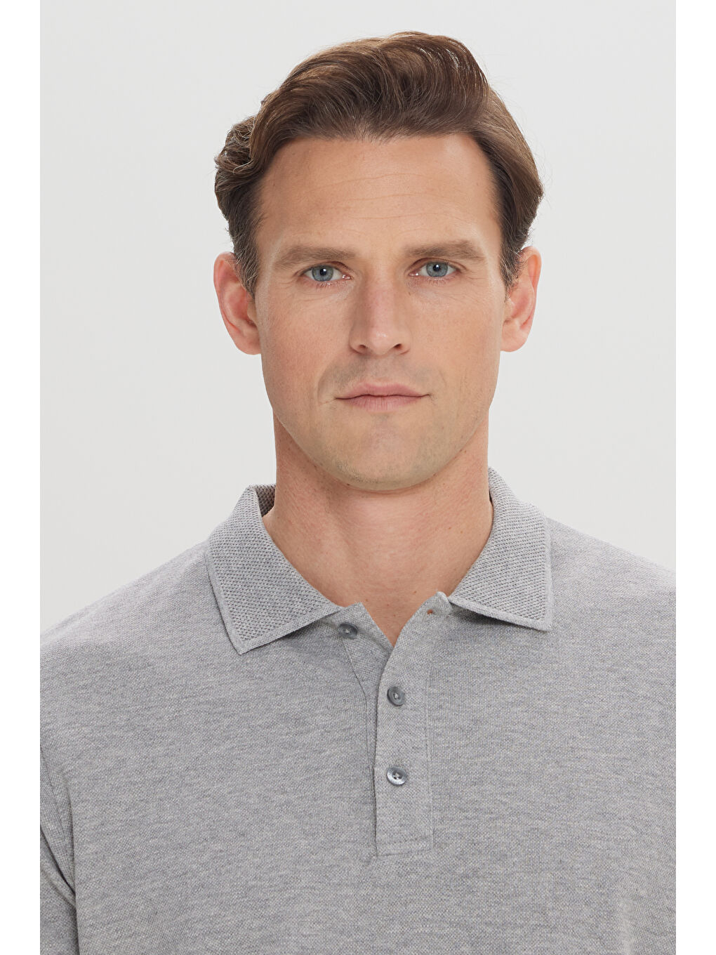 Erkek Gri Melanj Slim Fit Dar Kesim Polo Yaka %100 Pamuk Kısa Kollu Tişört-3