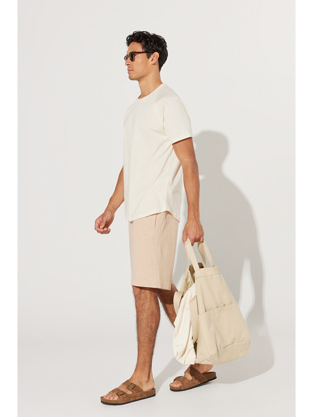 Erkek Ekru Long Fit Bisiklet Yaka %100 Pamuk Kısa Kollu Tişört-4