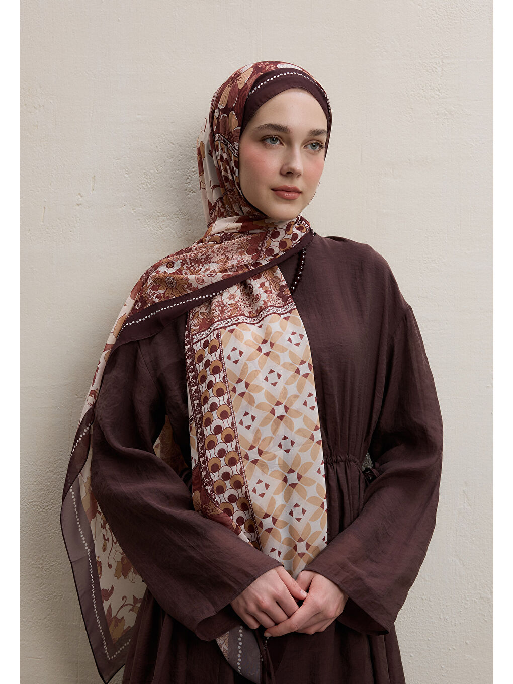 Kahverengi Wıld Botanıcal Desen İpek Krep Şal Sıcak Kahve-1
