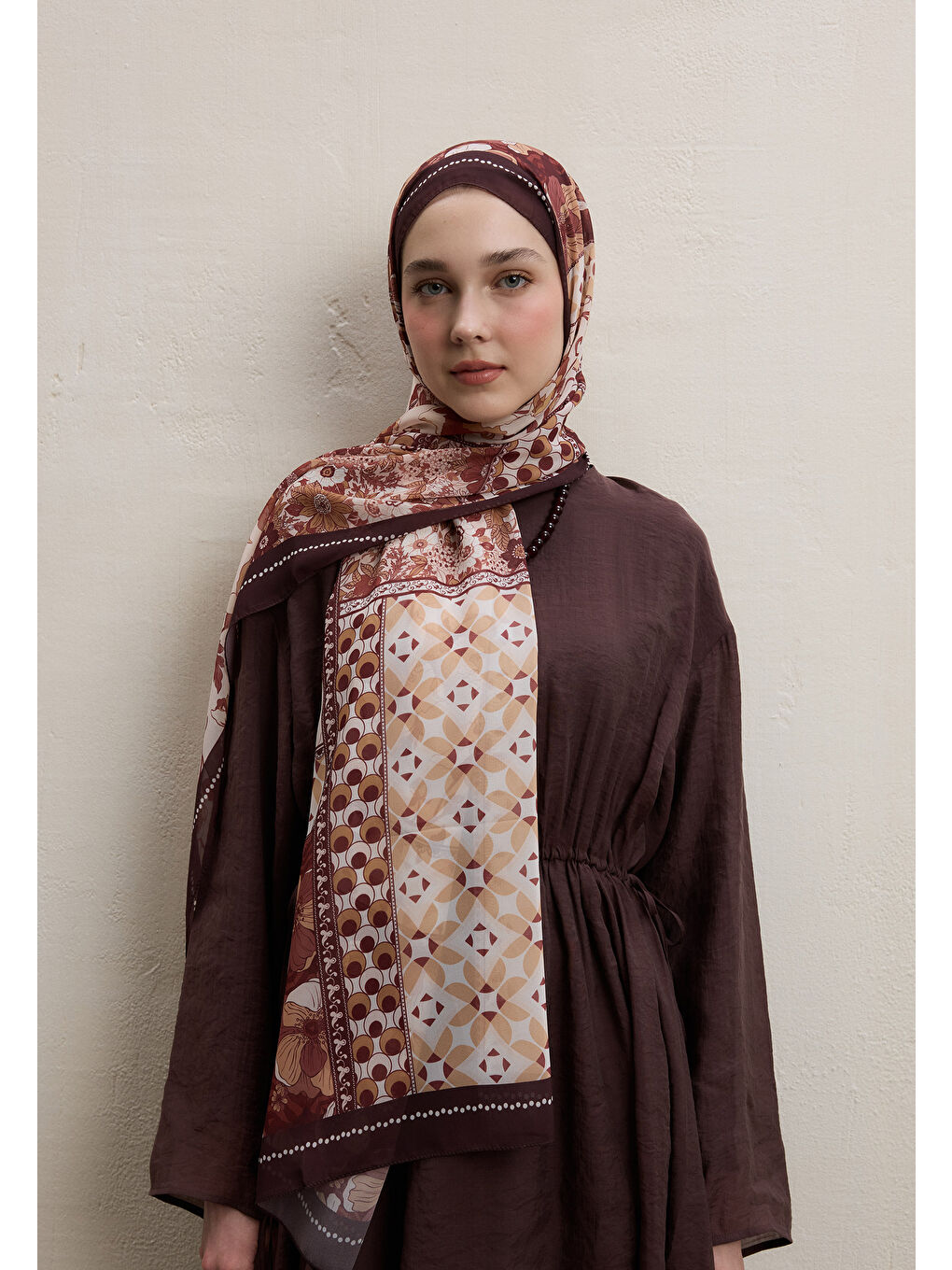 Kahverengi Wıld Botanıcal Desen İpek Krep Şal Sıcak Kahve-2