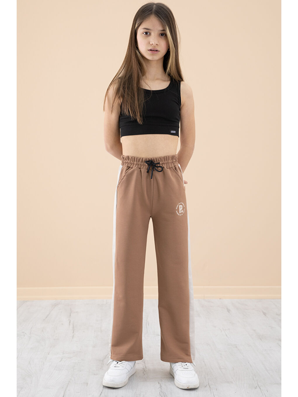 Kahverengi Kahve Garnili Geniş Paça Kız Çocuk Beli Lastikli Eşofman Altı 20196
