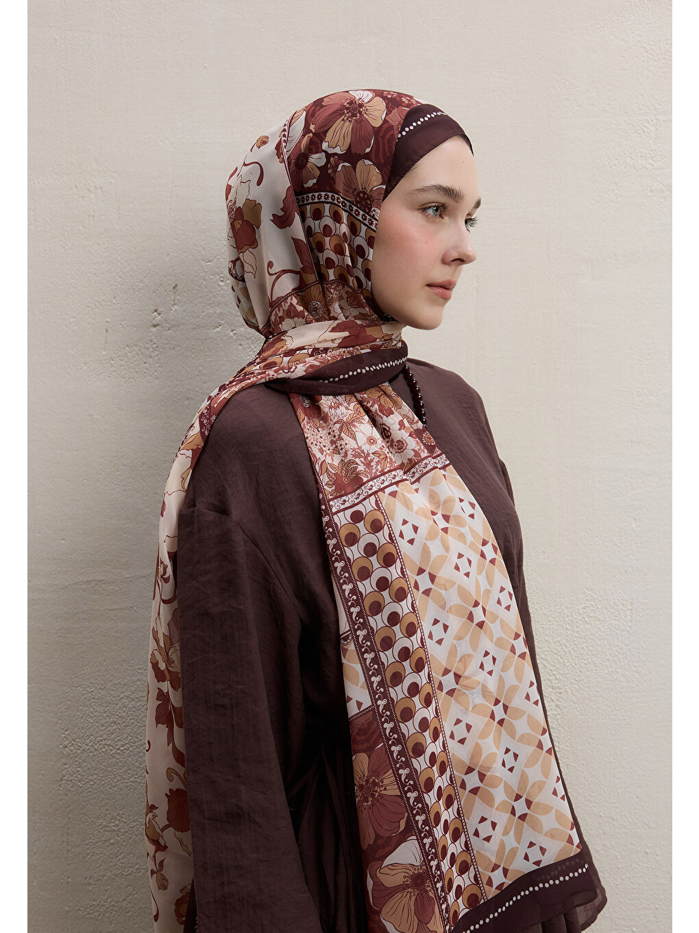 Kahverengi Wıld Botanıcal Desen İpek Krep Şal Sıcak Kahve-3