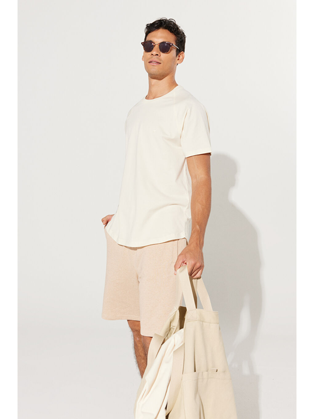 Erkek Ekru Long Fit Bisiklet Yaka %100 Pamuk Kısa Kollu Tişört-5